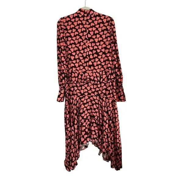 Rebecca Vallance Hotel Beau Frill Midi Dress Heart Print Long Sleeve Pink Size 4